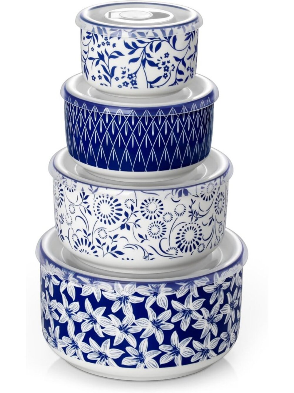 Set of 4 Ceramic Nesting Bowls with Lids - Microwave & Dishwasher Safe, Food